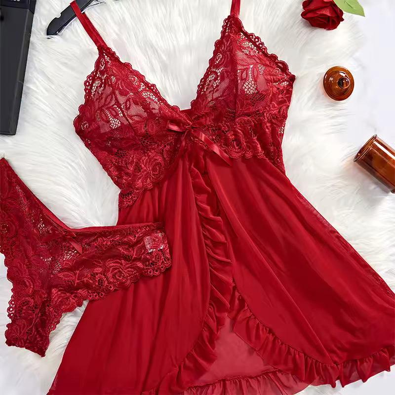 Conjunto de Lingerie Feminina 2 Peças com Slip Dress Decote V Profundo