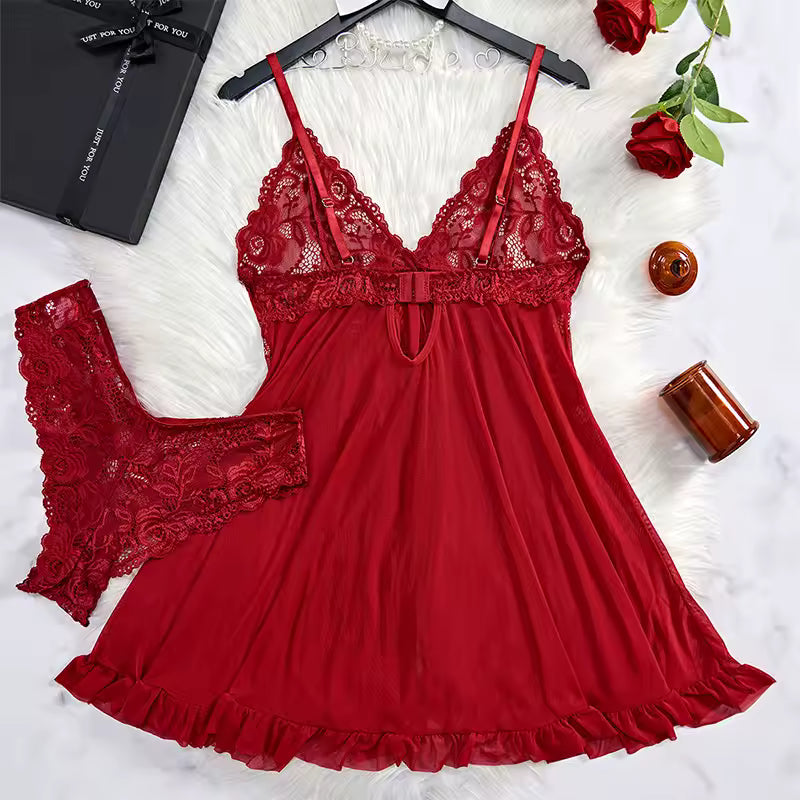 Conjunto de Lingerie Feminina 2 Peças com Slip Dress Decote V Profundo