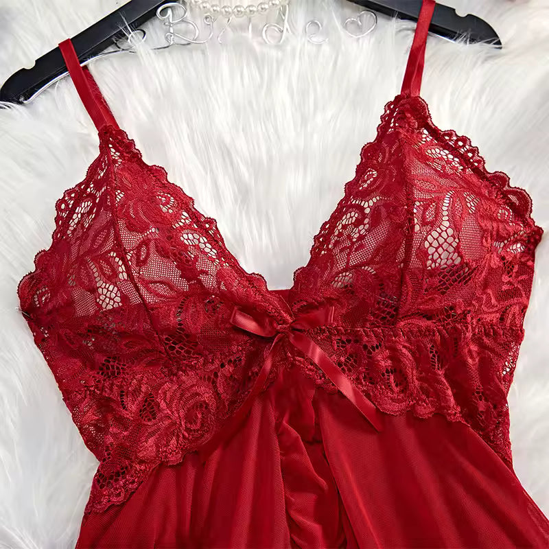 Conjunto de Lingerie Feminina 2 Peças com Slip Dress Decote V Profundo